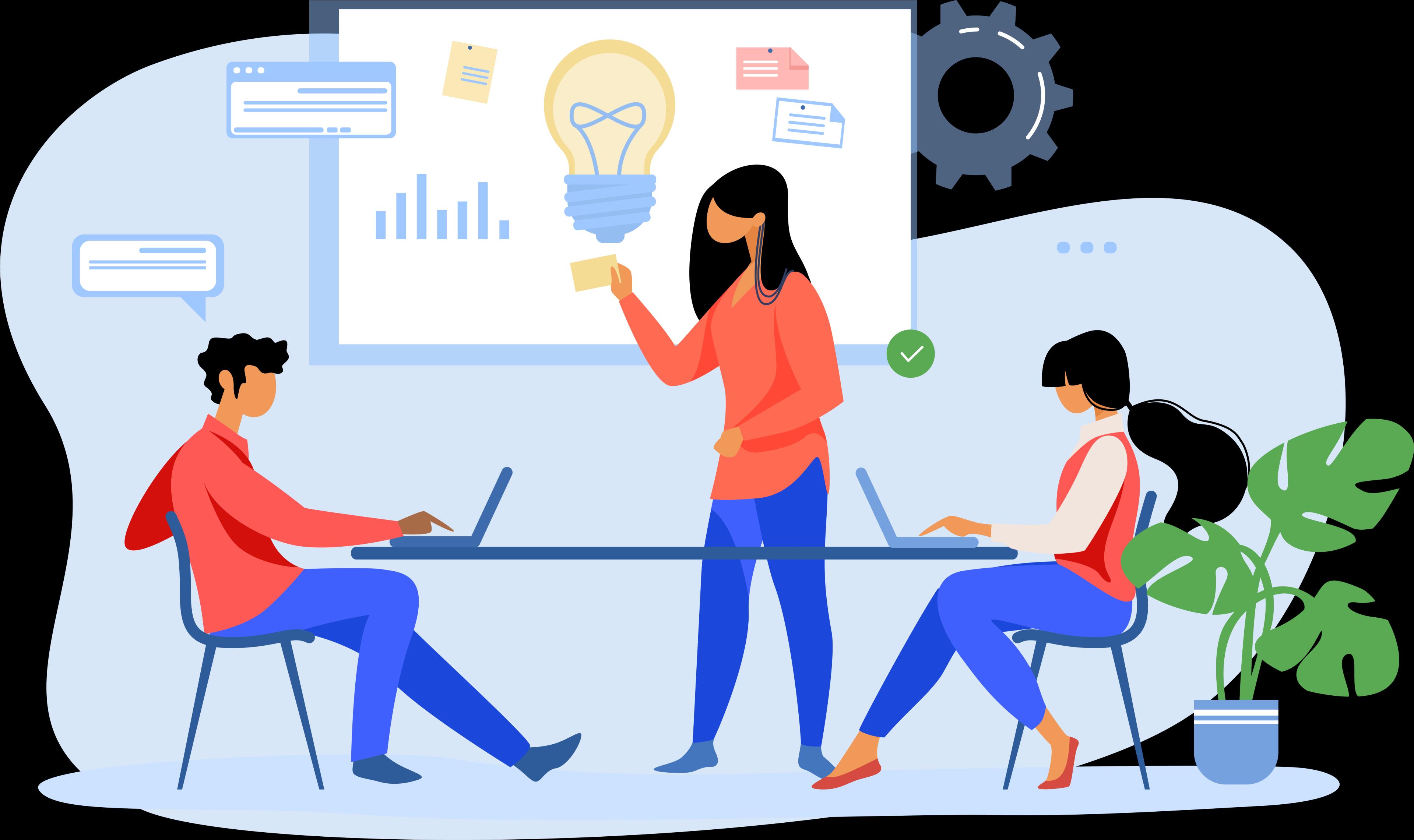 an ilustration with three people talking about tasks